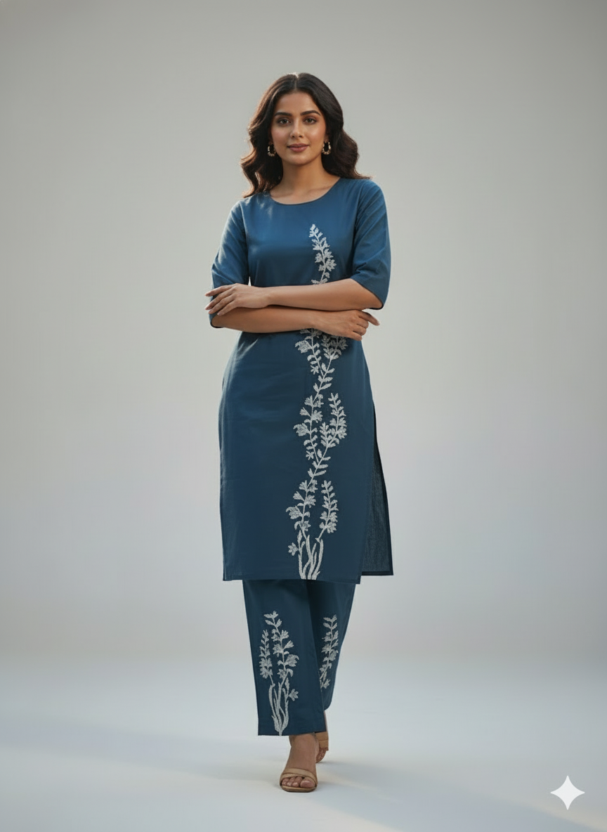 Blue Botanical Embroidered Co-ord Set