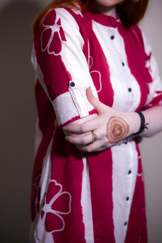 Lalima Red & White Striped Floral Cotton Kurta Set - Aniq India