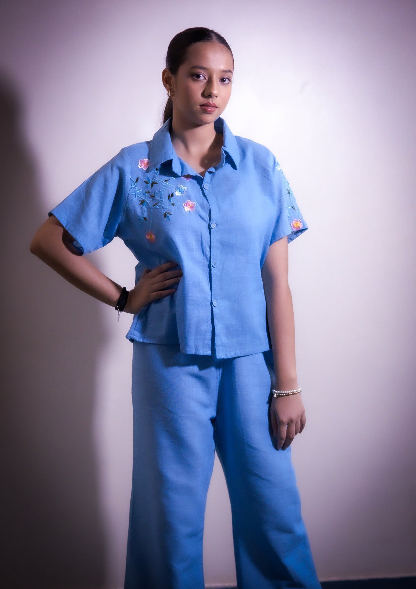 Neelkamal Sky Blue Floral Embroidered Co-ord Set - Aniq India