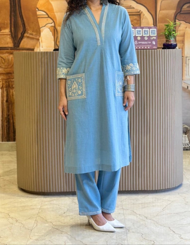 Noor Sky Blue Embroidered Cotton Slub Co-Ord Set - Aniq India
