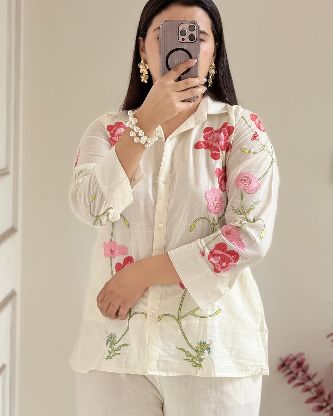 Gulzaar – Pink & Red Floral Hand-Embroidered Ethnic Co-ord Set - Aniq India