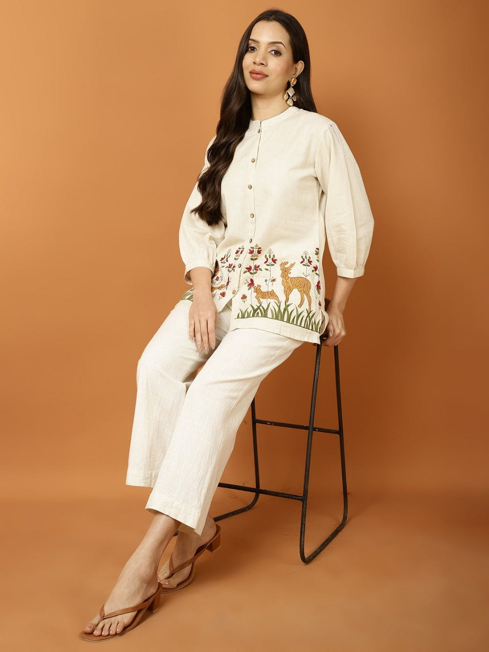 Ivory Deer Meadow Embroidered Cotton Slub Co-ord Set - Aniq India