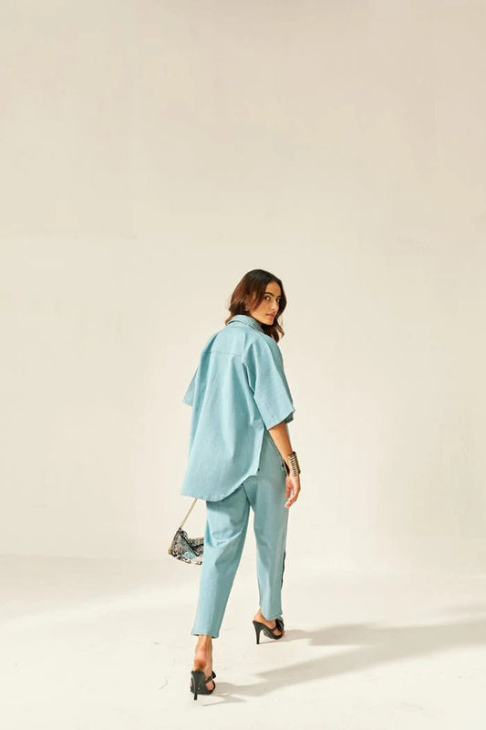 Kaïra Cotton Co-ord Set – Beige & Smoke Blue