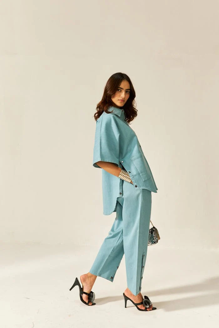 Kaïra Cotton Co-ord Set – Beige & Smoke Blue