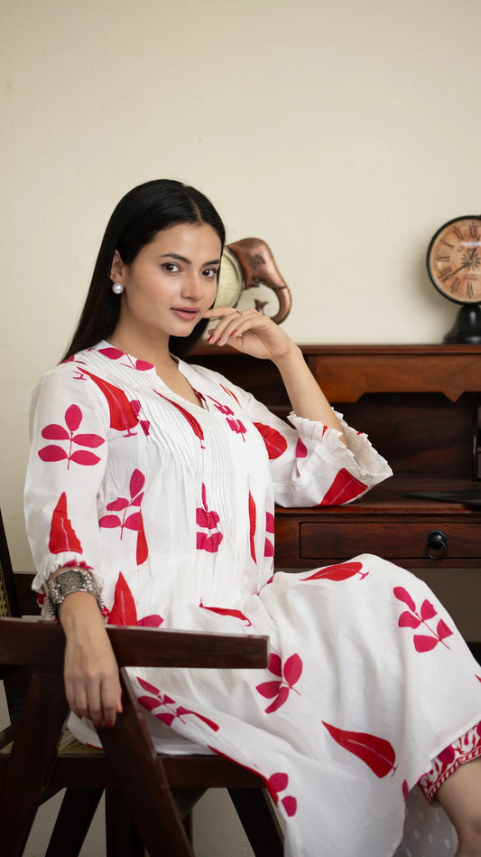 Inaaya Cotton Co-ord Set – Red & Blue | Hand Block Printed