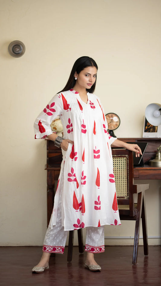 Inaaya Cotton Co-ord Set – Red & Blue | Hand Block Printed