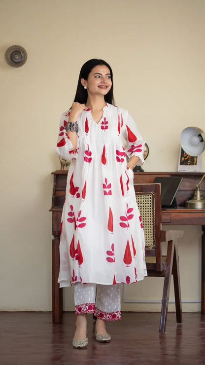 Inaaya Cotton Co-ord Set – Red & Blue | Hand Block Printed