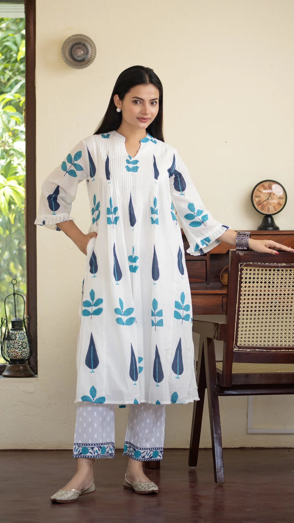 Inaaya Cotton Co-ord Set – Red & Blue | Hand Block Printed