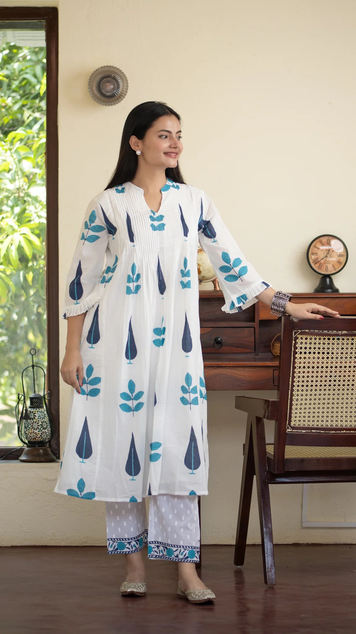 Inaaya Cotton Co-ord Set – Red & Blue | Hand Block Printed