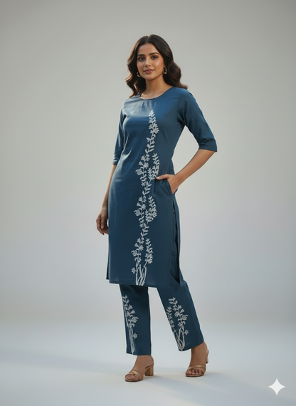 Blue Botanical Embroidered Co-ord Set