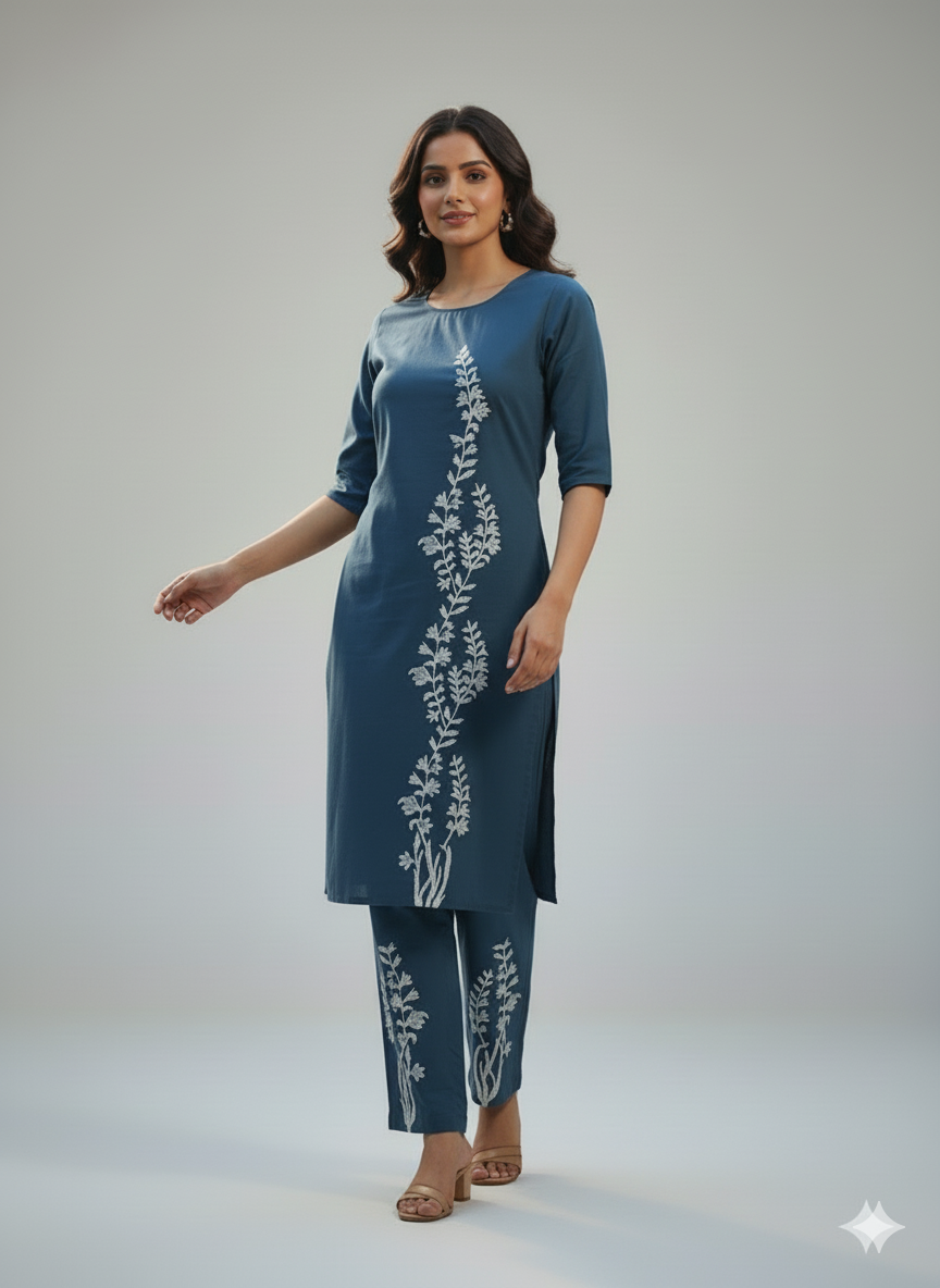 Blue Botanical Embroidered Co-ord Set