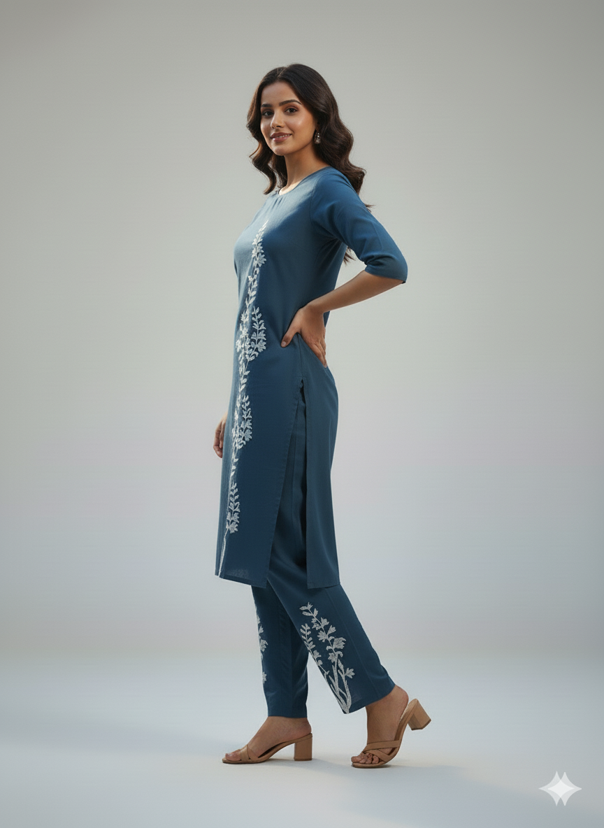 Blue Botanical Embroidered Co-ord Set