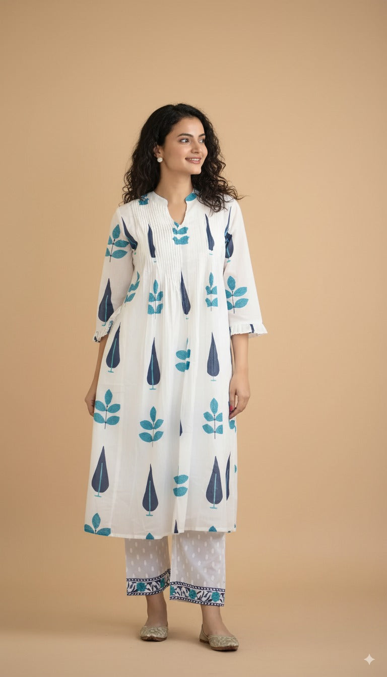 Inaaya Cotton Co-ord Set – Red & Blue | Hand Block Printed