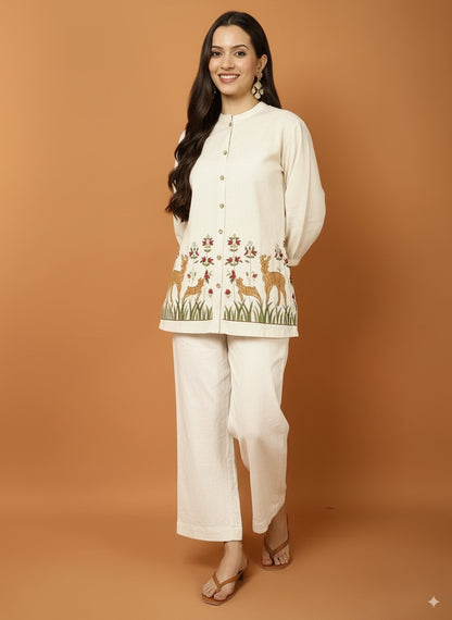 Ivory Deer Embroidered Cotton Slub Co-ord Set