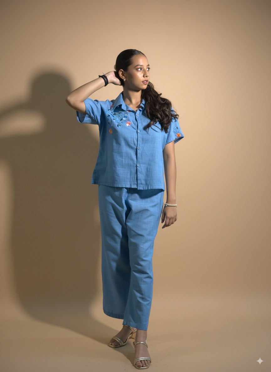 Neelkamal Sky Blue Floral Embroidered Co-ord Set