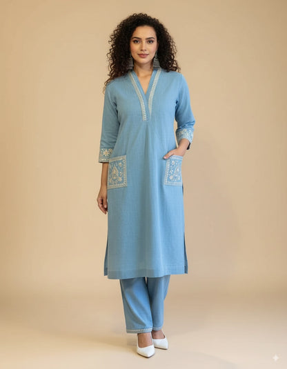 Zaria Cotton Co-ord Set – Mustard & Blue