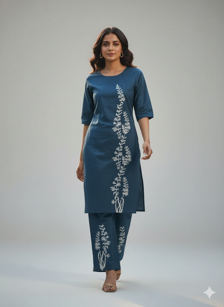 Blue Botanical Embroidered Co-ord Set