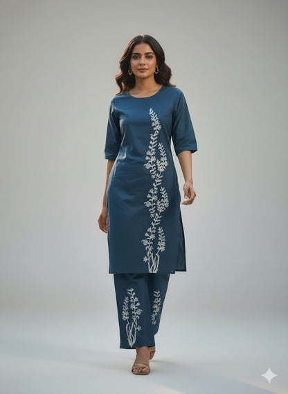 Blue Botanical Embroidered Co-ord Set