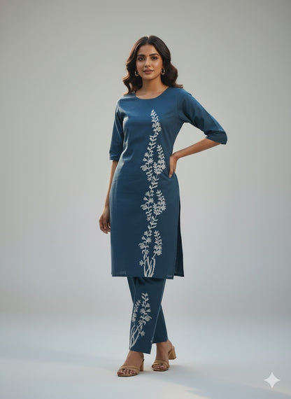 Blue Botanical Embroidered Co-ord Set