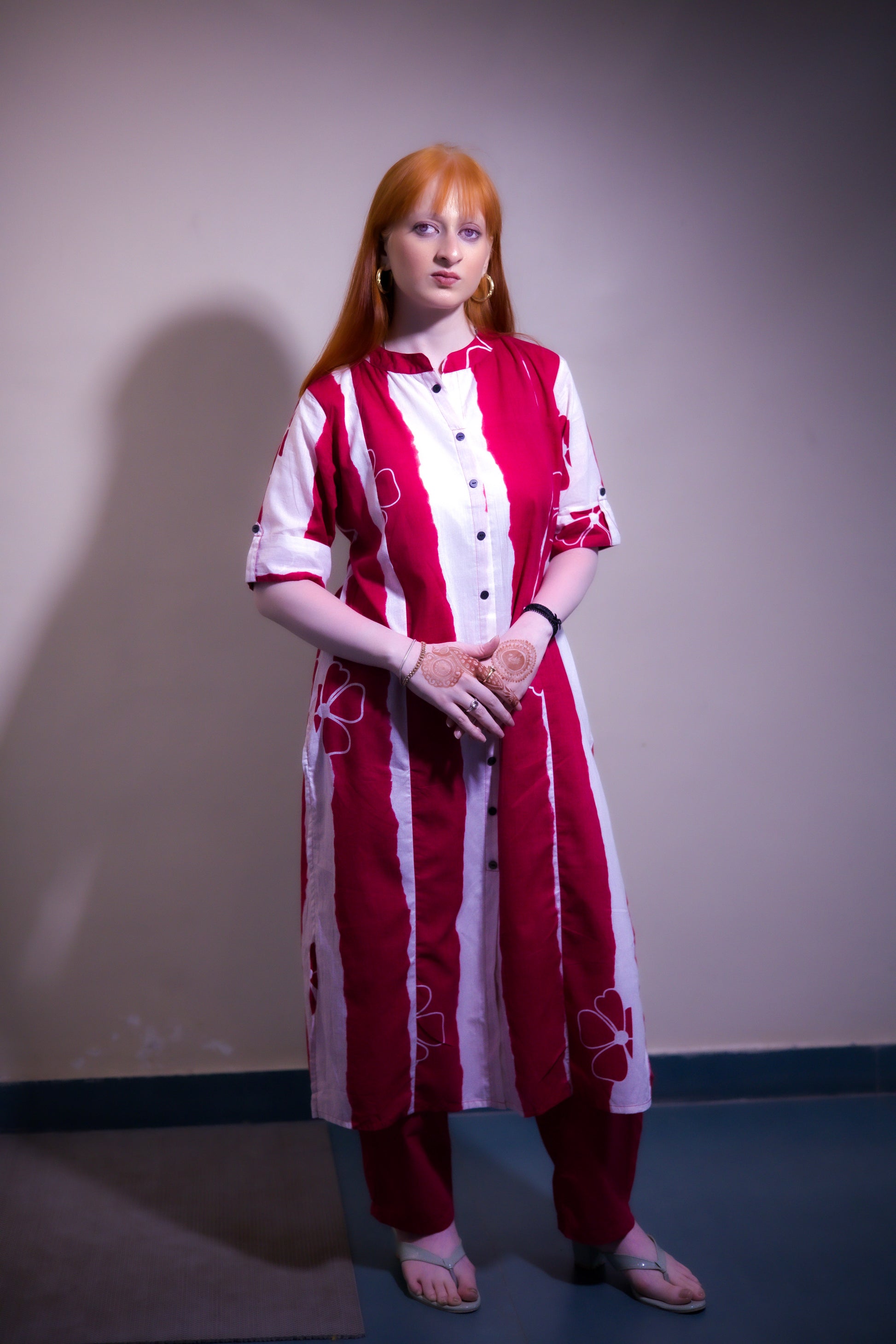 Lalima Red & White Striped Floral Cotton Kurta Set - Aniq India