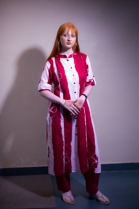 Lalima Red & White Striped Floral Cotton Kurta Set - Aniq India
