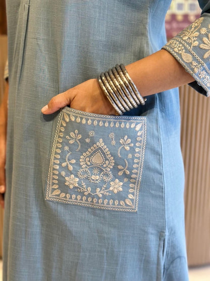 Noor Sky Blue Embroidered Cotton Slub Co-Ord Set - Aniq India