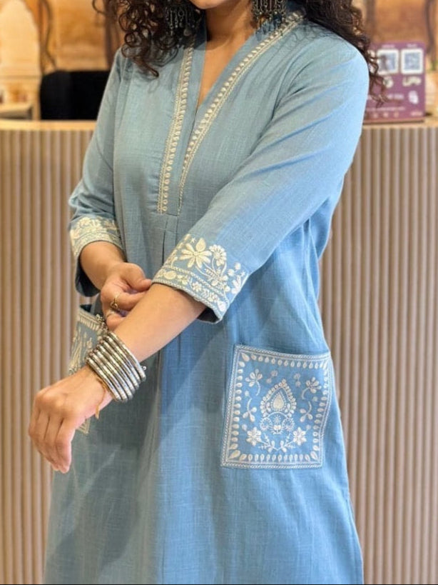 Noor Sky Blue Embroidered Cotton Slub Co-Ord Set - Aniq India