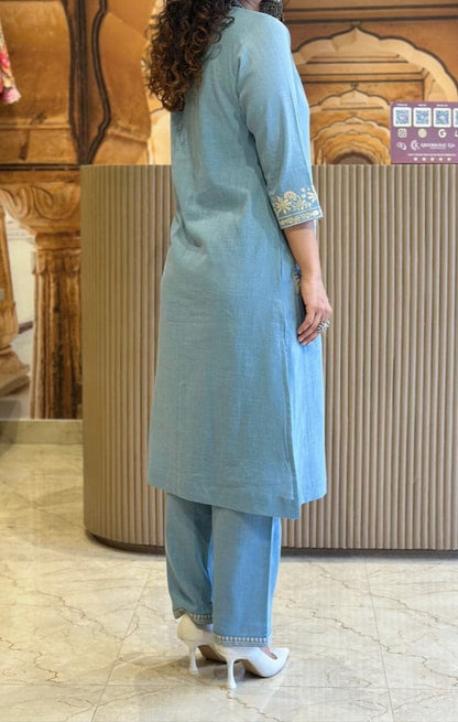 Noor Sky Blue Embroidered Cotton Slub Co-Ord Set - Aniq India