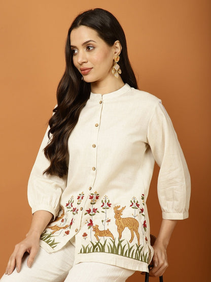 Ivory Deer Meadow Embroidered Cotton Slub Co-ord Set - Aniq India