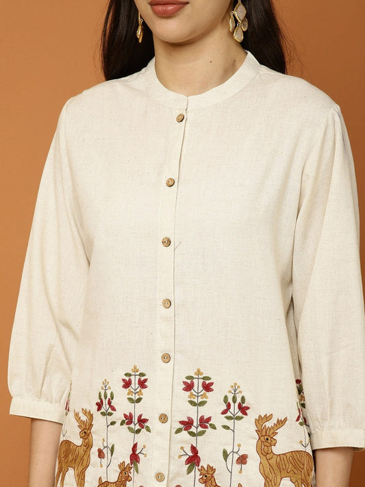 Ivory Deer Meadow Embroidered Cotton Slub Co-ord Set - Aniq India
