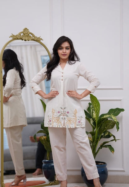 Vanya Embroidered Off-White Deer Motif Cotton Flex Co-ord Set - Aniq India