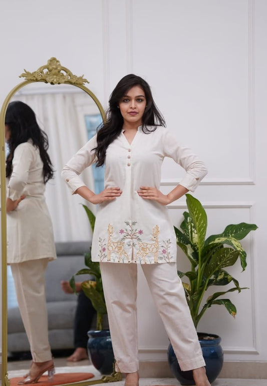 Vanya Embroidered Off-White Deer Motif Cotton Flex Co-ord Set - Aniq India