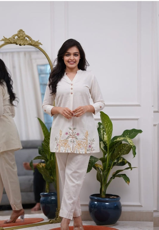 Vanya Embroidered Off-White Deer Motif Cotton Flex Co-ord Set - Aniq India