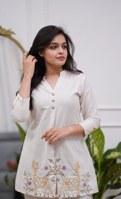 Vanya Embroidered Off-White Deer Motif Cotton Flex Co-ord Set - Aniq India