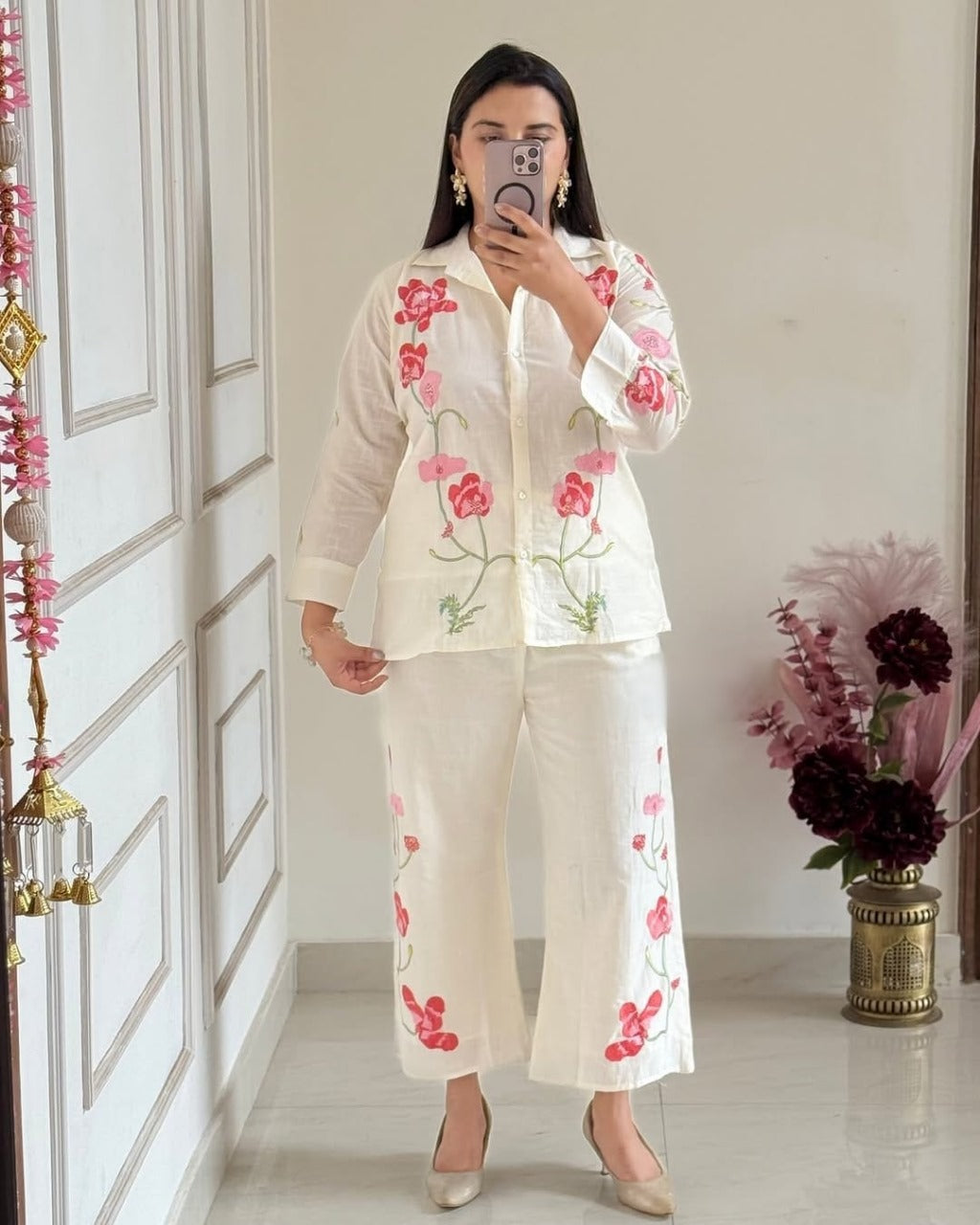 Gulzaar – Pink & Red Floral Hand-Embroidered Ethnic Co-ord Set - Aniq India