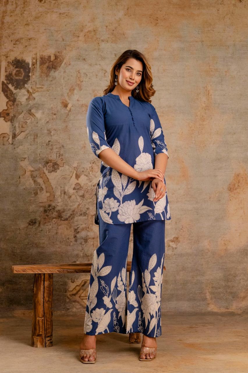 Nilofer Bloom Set | Blue Floral Cotton Co-ord Set - Aniq India