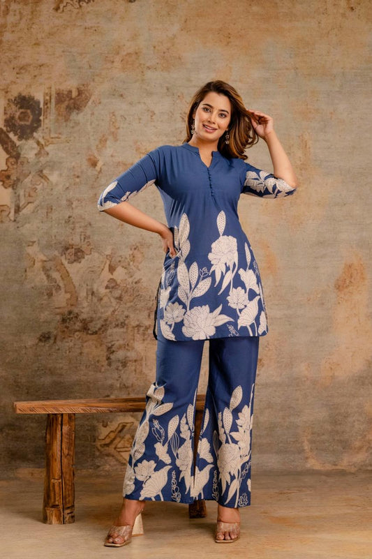 Nilofer Bloom Set | Blue Floral Cotton Co-ord Set - Aniq India
