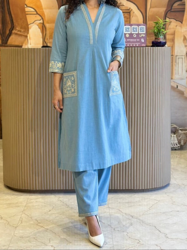 Noor Sky Blue Embroidered Cotton Slub Co-Ord Set - Aniq India