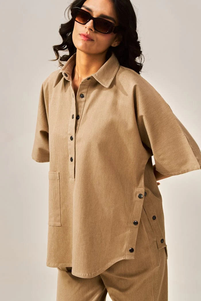 Kaïra Cotton Co-ord Set – Beige & Smoke Blue
