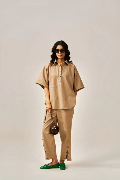 Kaïra Cotton Co-ord Set – Beige & Smoke Blue