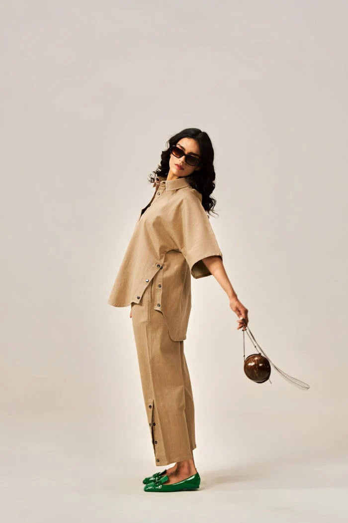 Kaïra Cotton Co-ord Set – Beige & Smoke Blue