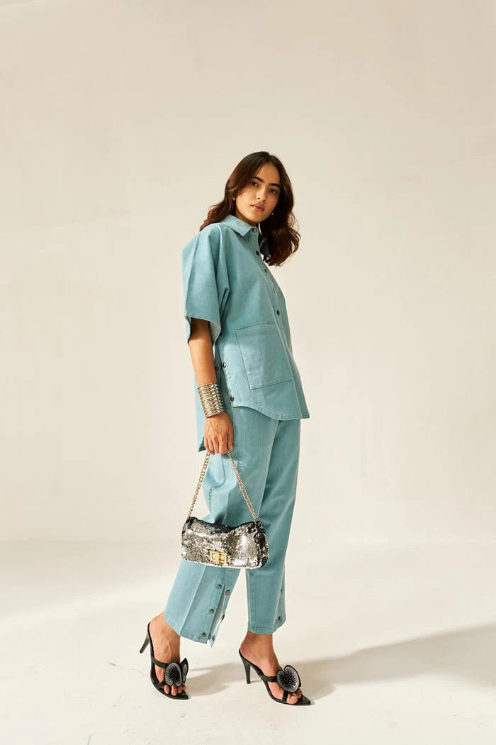 Kaïra Cotton Co-ord Set – Beige & Smoke Blue