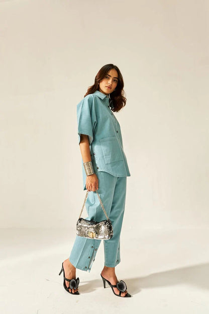 Kaïra Cotton Co-ord Set – Beige & Smoke Blue