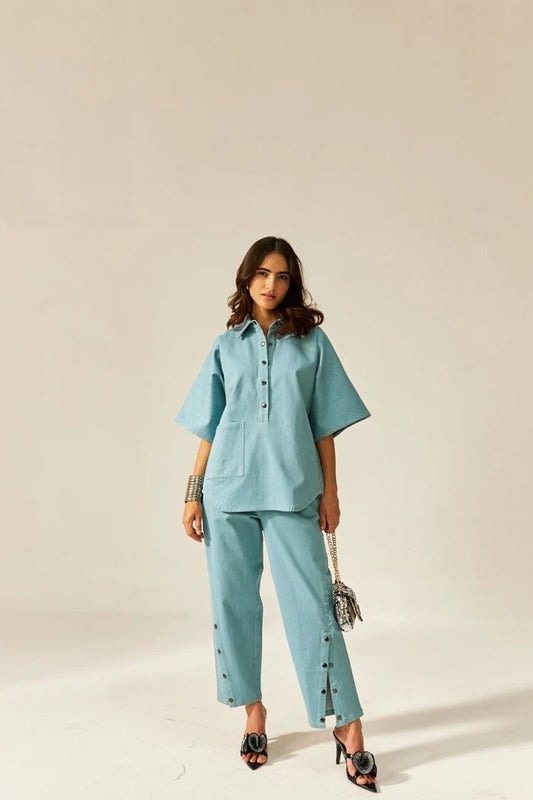 Kaïra Cotton Co-ord Set – Beige & Smoke Blue